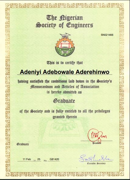 certificate of GMNSE Adeniyi Adebowale Aderehinwo