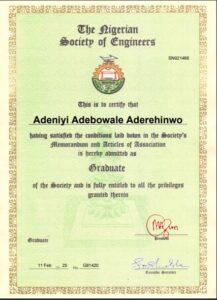 certificate of GMNSE Adeniyi Adebowale Aderehinwo