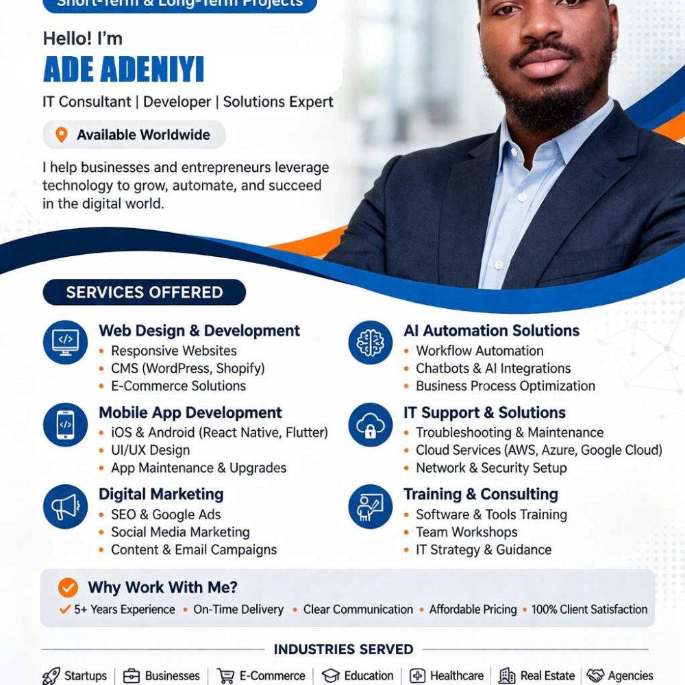 Ade Adeniyi provides IT Support and consultancy in Ibadan